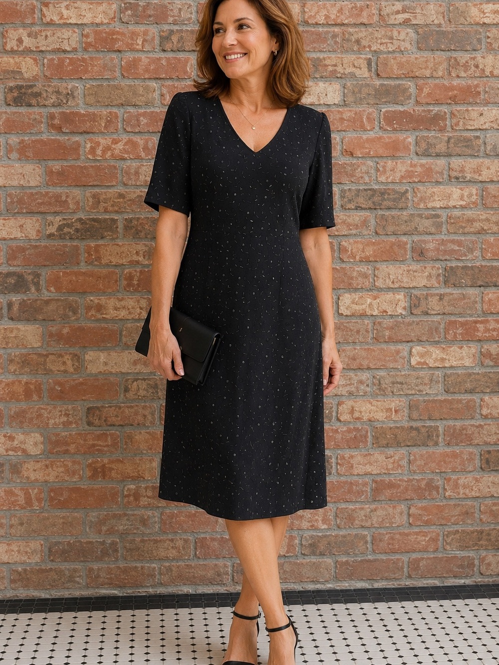 Escada Black Midi Dress with Subtle beaded Pattern and slight shoulder pads